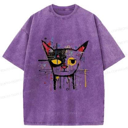 Tokyo-Tiger Abstract Cat Funny Washed T-Shirt