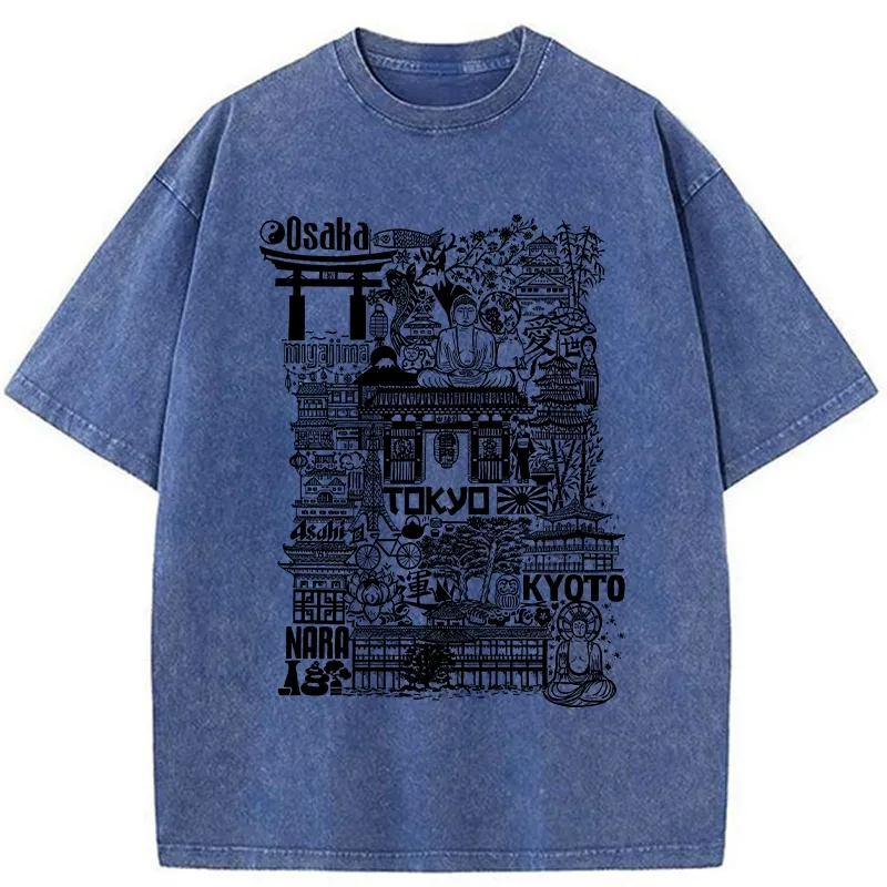 Tokyo-Tiger Japanese Line Cityscape Washed T-Shirt