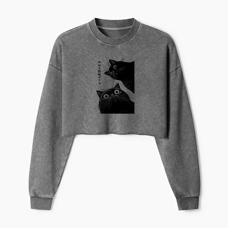 Tokyo-Tiger The Cat Is Watching Today Washed Crop Sweatshirt