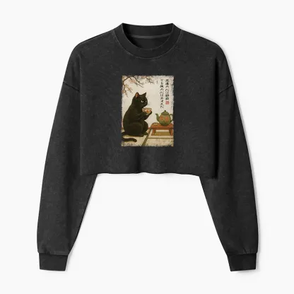 Tokyo-Tiger Tea Time With A Black Cat Washed Crop Sweatshirt