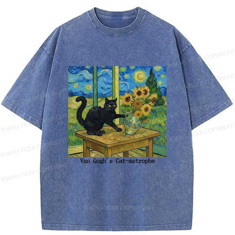 Tokyo-Tiger Cat Playing With Sunflowers Washed T-Shirt Sale