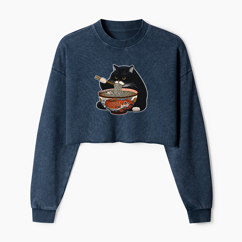 Tokyo-Tiger Fat Cat Eating Ramen Washed Crop Sweatshirt
