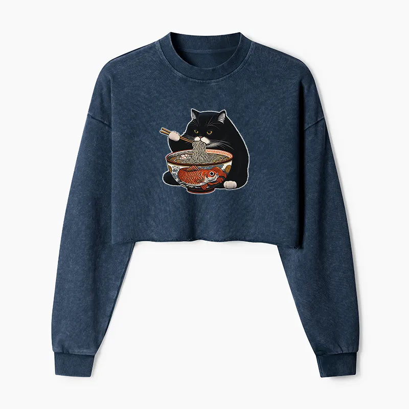 Tokyo-Tiger Fat Cat Eating Ramen Washed Crop Sweatshirt