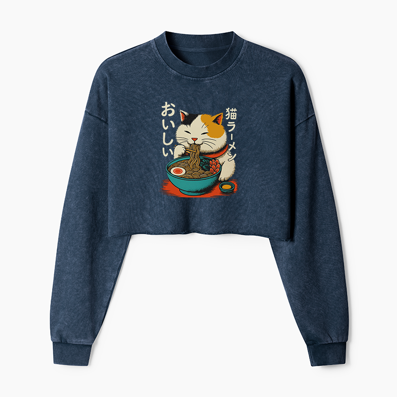 Tokyo-Tiger Cute Eat Eating Japanese Ramen Washed Crop Sweatshirt