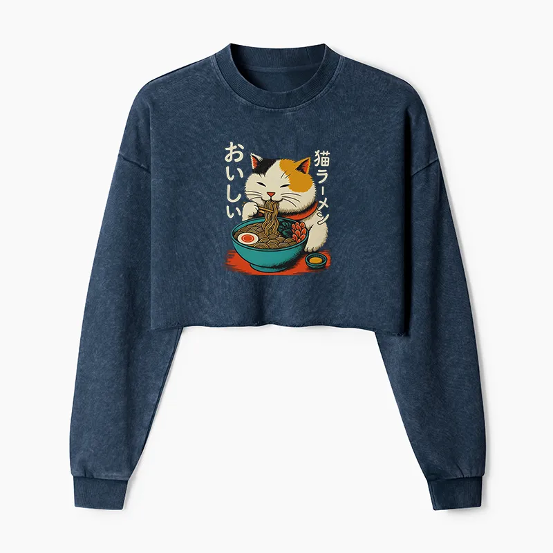 Tokyo-Tiger Cute Eat Eating Japanese Ramen Washed Crop Sweatshirt