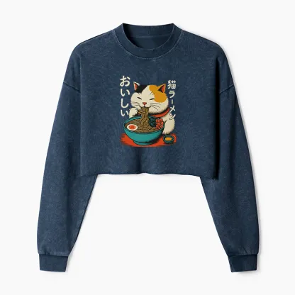 Tokyo-Tiger Cute Eat Eating Japanese Ramen Washed Crop Sweatshirt