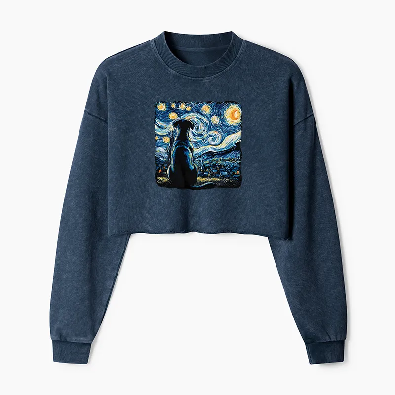 Tokyo-Tiger Starry Night Dog Washed Crop Sweatshirt
