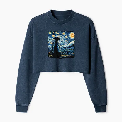 Tokyo-Tiger Starry Night Dog Washed Crop Sweatshirt