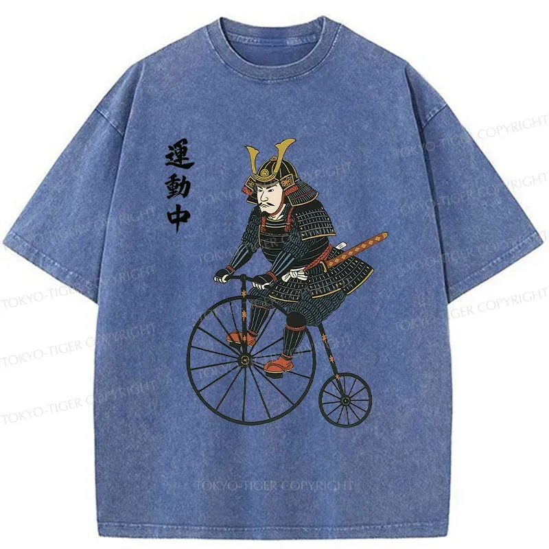 Tokyo-Tiger Samurai Riding Penny-farthing Washed T-Shirt