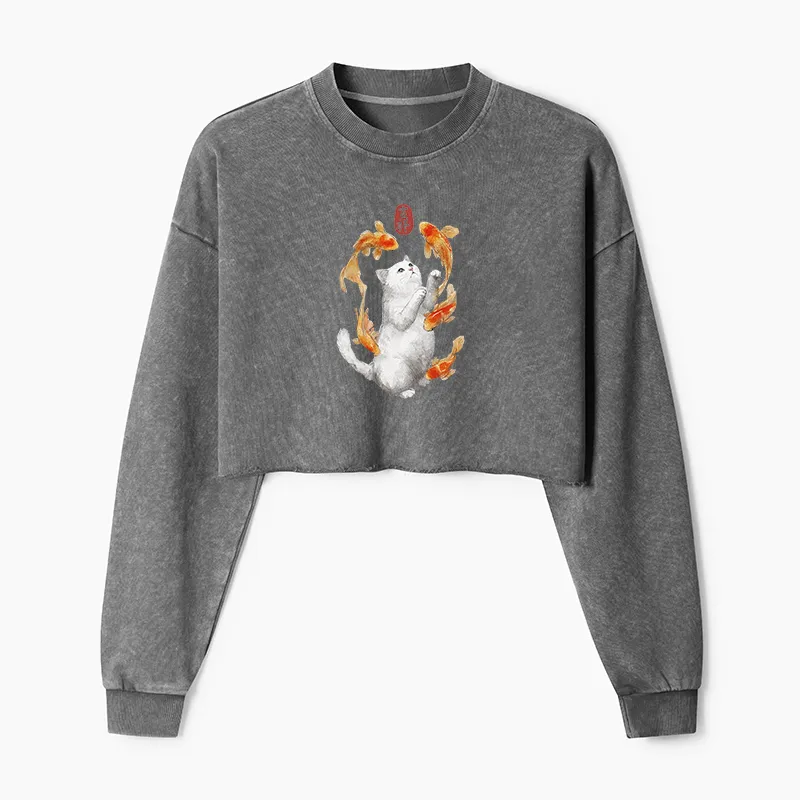 Tokyo-Tiger Zen Cat And The Dancing Fish Washed Crop Sweatshirt