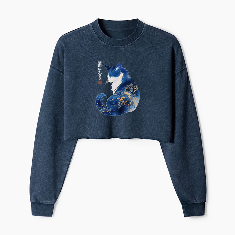 Tokyo-Tiger Retro Zen Cat: Living the Present Washed Crop Sweatshirt