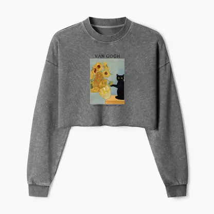 Tokyo-Tiger Black Cat With Sunflowers Washed Crop Sweatshirt