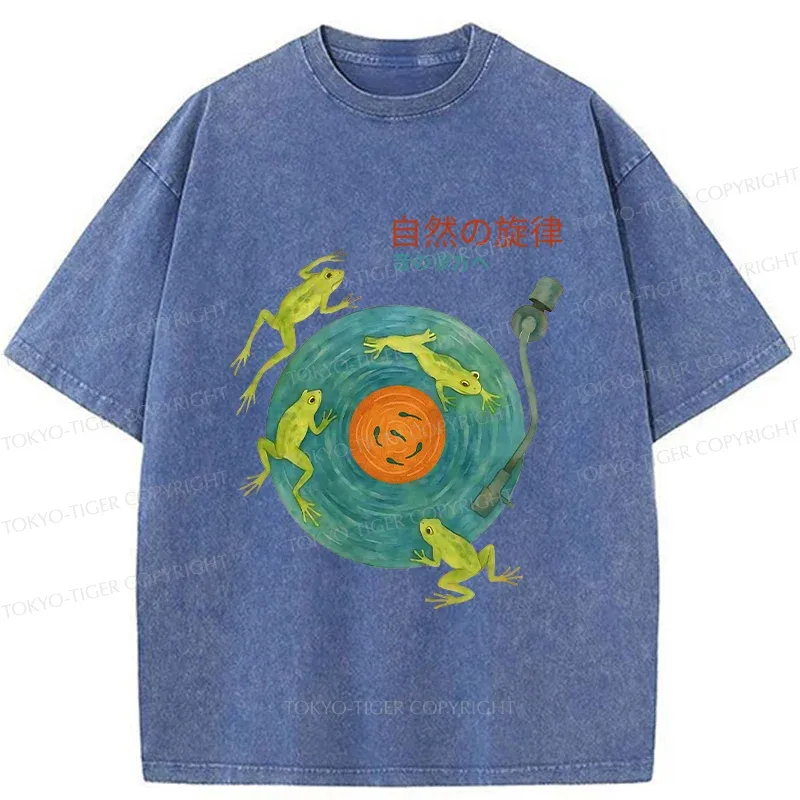 Tokyo-Tiger Frog Art Record Washed T-Shirt