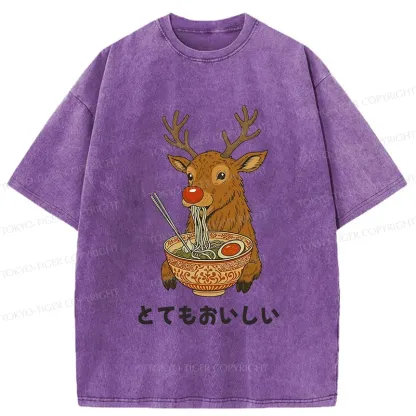 Tokyo-Tiger Reindeer Eating Ramen Washed T-Shirt