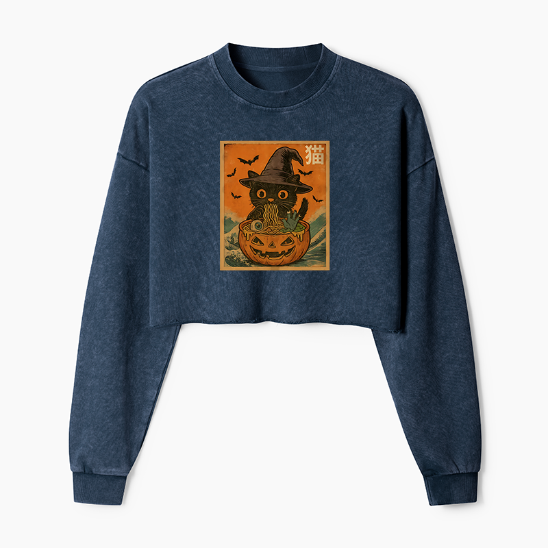 Tokyo-Tiger Halloween Cat Eating Ramen Washed Crop Sweatshirt