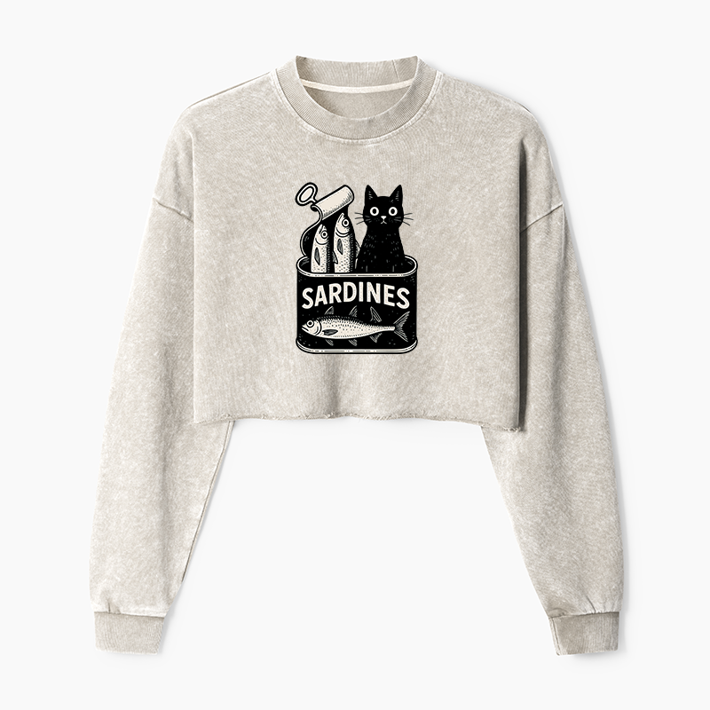 Tokyo-Tiger Cat And Canned Fish Washed Crop Sweatshirt