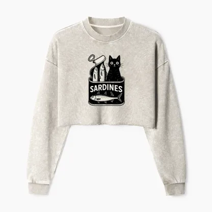 Tokyo-Tiger Cat And Canned Fish Washed Crop Sweatshirt
