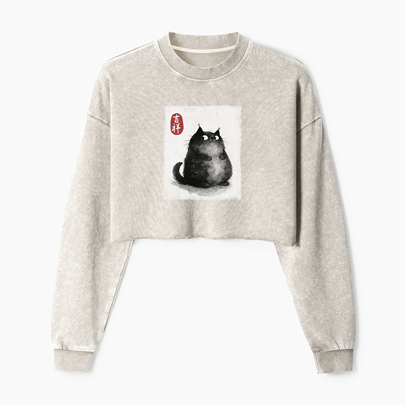 Tokyo-Tiger Auspicious Fluffy Black Cat Ink Painting Washed Crop Sweatshirt