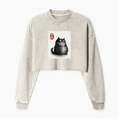 Tokyo-Tiger Auspicious Fluffy Black Cat Ink Painting Washed Crop Sweatshirt