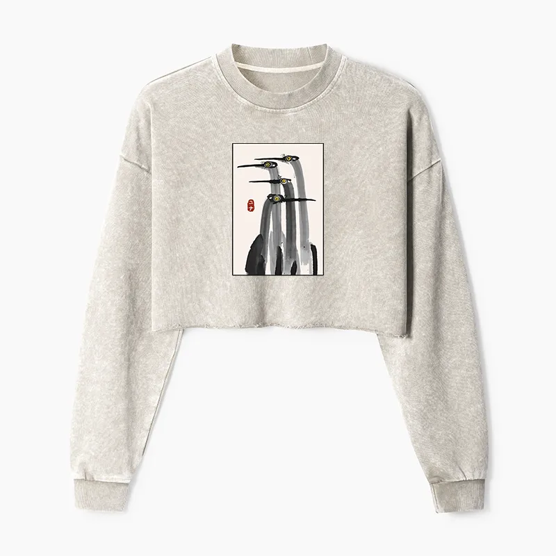 Tokyo-Tiger Japanese Crane Poster Washed Crop Sweatshirt