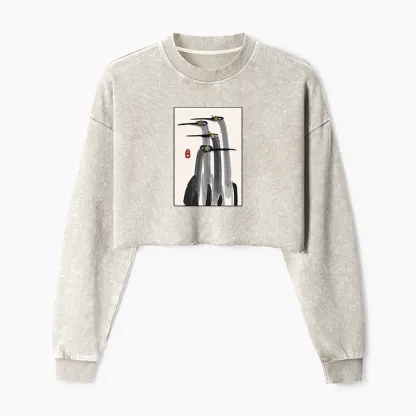 Tokyo-Tiger Japanese Crane Poster Washed Crop Sweatshirt