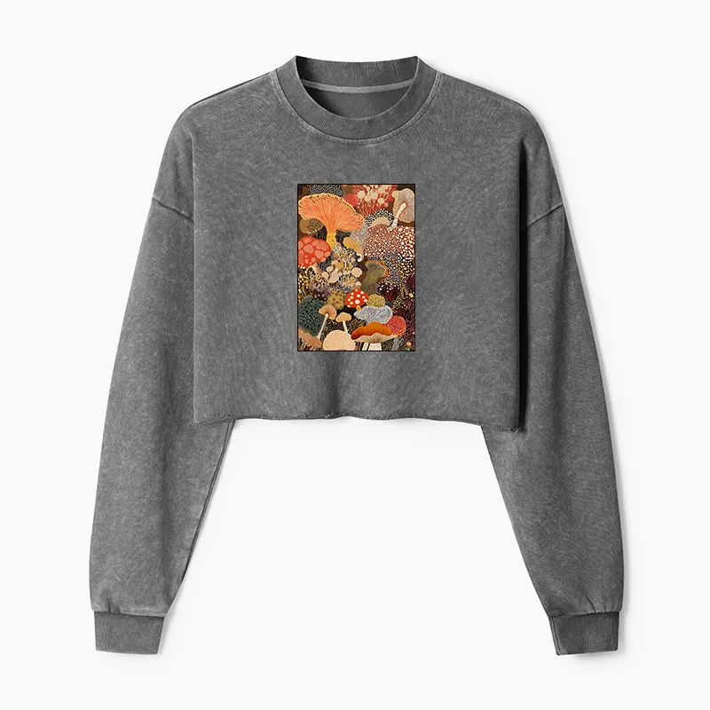 Tokyo-Tiger Psychedelic Mushroom Paintings Washed Crop Sweatshirt