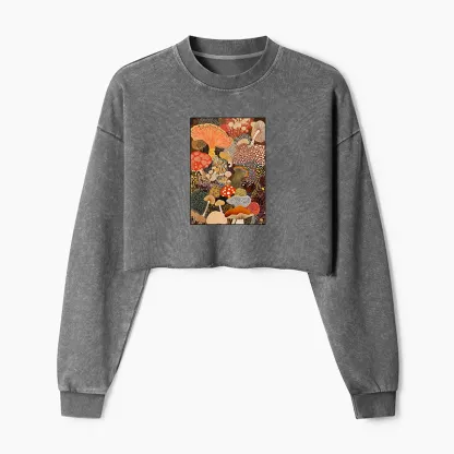 Tokyo-Tiger Psychedelic Mushroom Paintings Washed Crop Sweatshirt