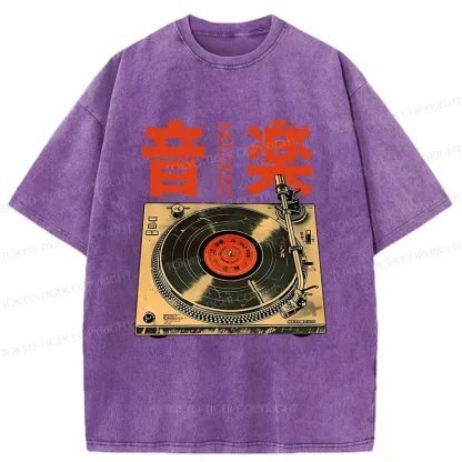 Tokyo-Tiger Retro Music Record Player Washed T-Shirt
