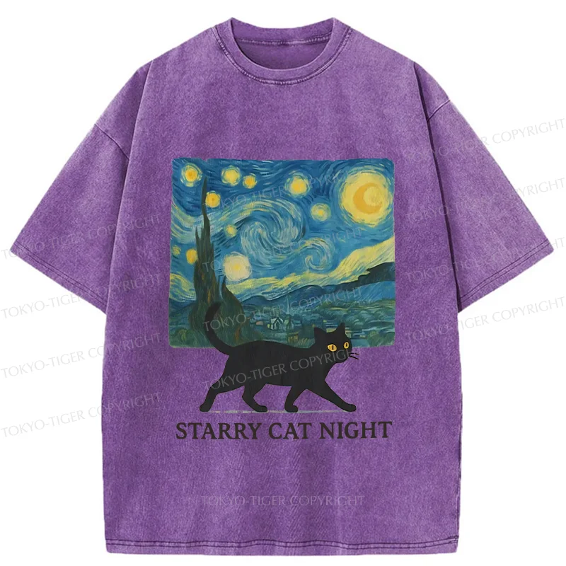 Tokyo-Tiger Cat Walking Under The Stars Washed T-Shirt