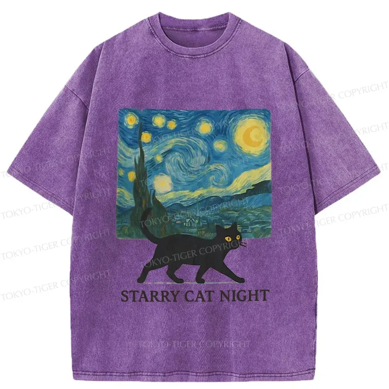 Tokyo-Tiger Cat Walking Under The Stars Washed T-Shirt