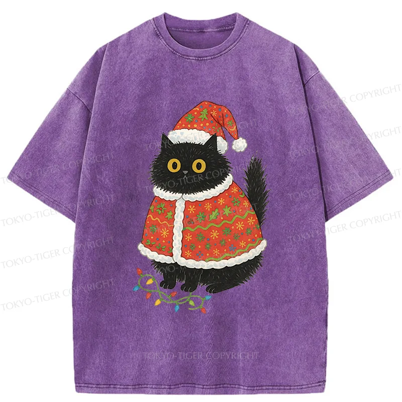 Tokyo-Tiger Cat Wearing Santa Hat Washed T-Shirt