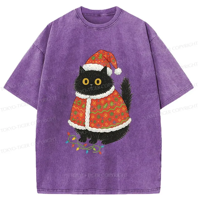 Tokyo-Tiger Cat Wearing Santa Hat Washed T-Shirt
