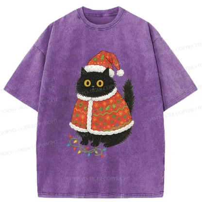 Tokyo-Tiger Cat Wearing Santa Hat Washed T-Shirt
