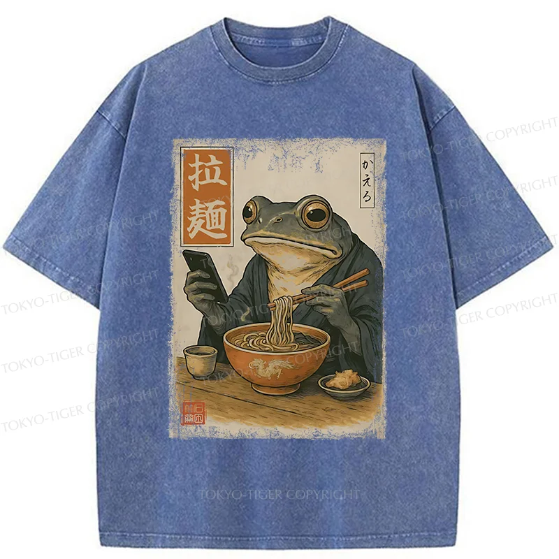 Tokyo-Tiger Funny Frog Eating Ramen Washed T-Shirt