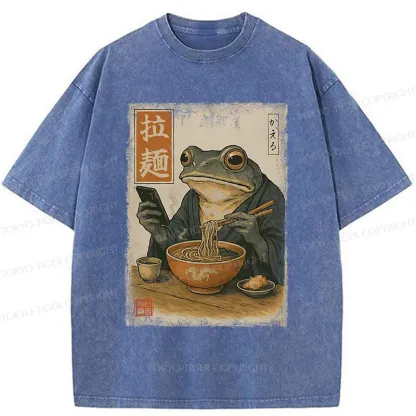 Tokyo-Tiger Funny Frog Eating Ramen Washed T-Shirt