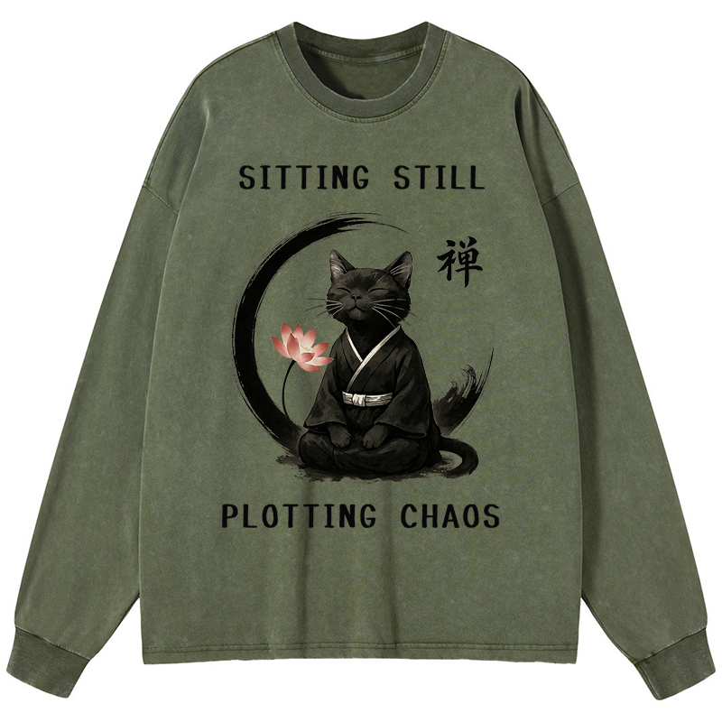 Tokyo-Tiger Sitting still  plotting chaos Calming Zen Cat Funny Washed Long Sleeve T-Shirt