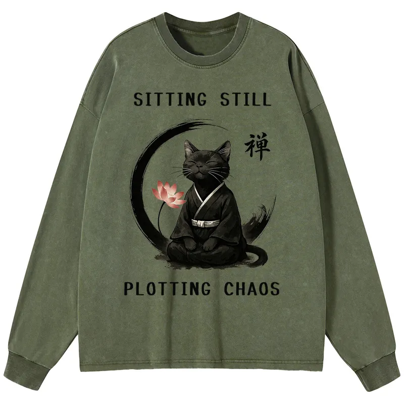 Tokyo-Tiger Sitting still  plotting chaos Calming Zen Cat Funny Washed Long Sleeve T-Shirt