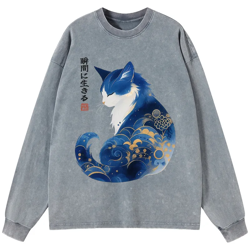 Tokyo-Tiger Retro Zen Cat: Living the Present Washed Long Sleeve T-Shirt