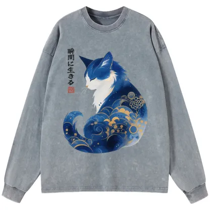 Tokyo-Tiger Retro Zen Cat: Living the Present Washed Long Sleeve T-Shirt