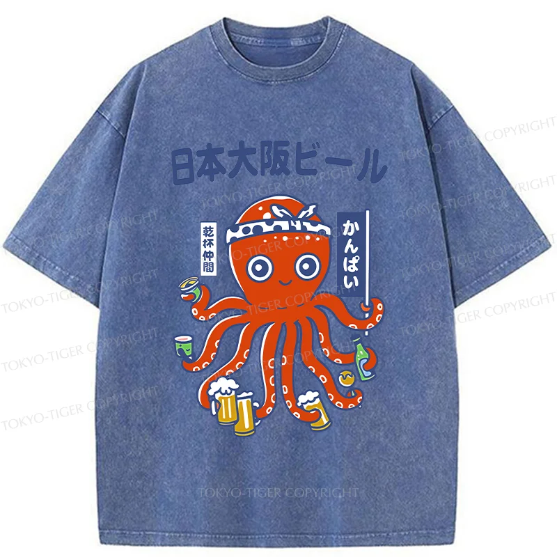 Tokyo-Tiger Octopus Chef Drinking Beer Washed T-Shirt
