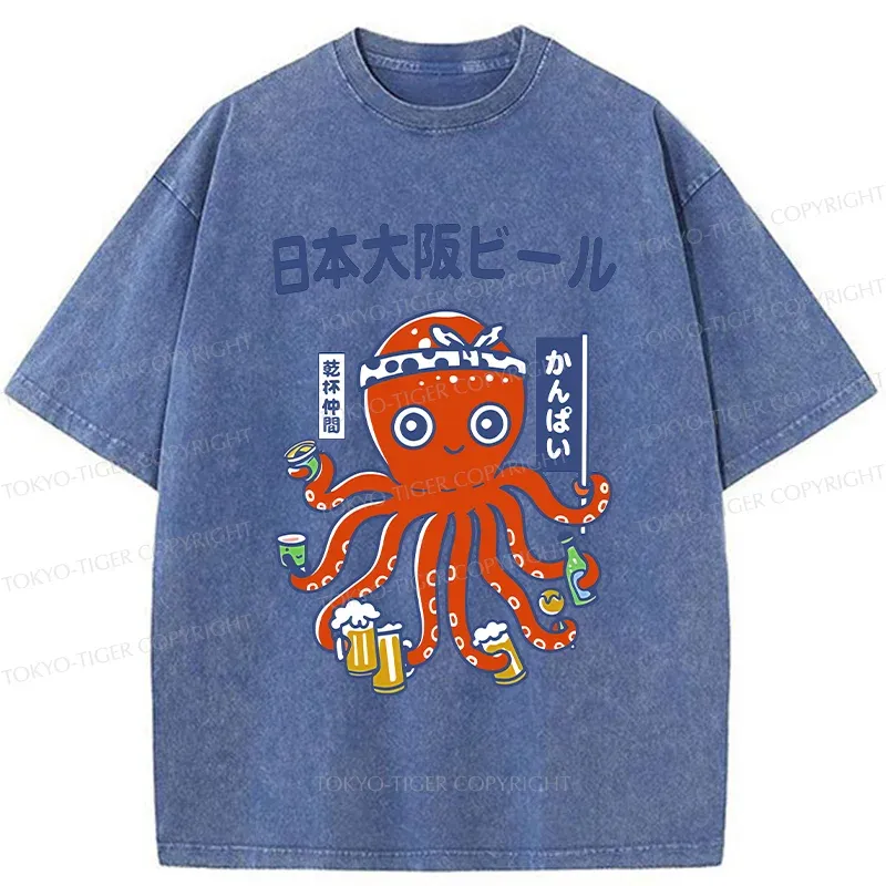 Tokyo-Tiger Octopus Chef Drinking Beer Washed T-Shirt