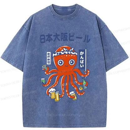 Tokyo-Tiger Octopus Chef Drinking Beer Washed T-Shirt