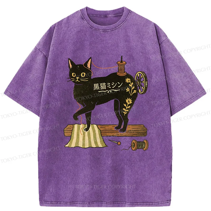 Tokyo-Tiger Sewing Machine Cat Washed T-Shirt