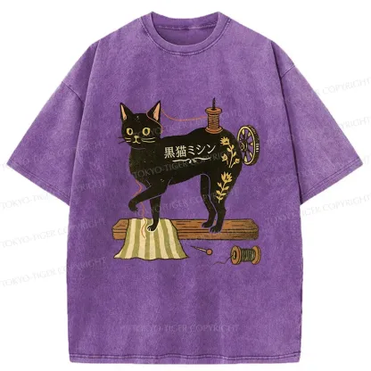 Tokyo-Tiger Sewing Machine Cat Washed T-Shirt