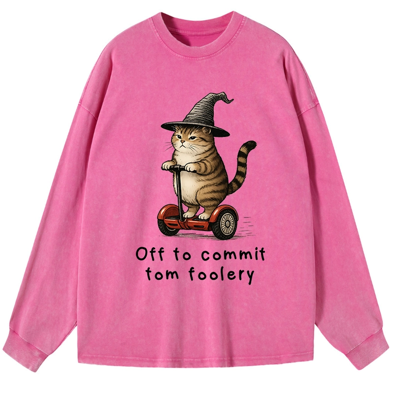 Tokyo-Tiger Orange Cat Riding Segway-style Washed Long Sleeve T-Shirt