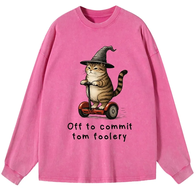 Tokyo-Tiger Orange Cat Riding Segway-style Washed Long Sleeve T-Shirt