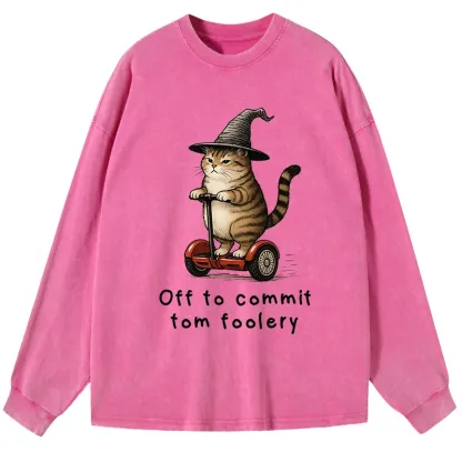 Tokyo-Tiger Orange Cat Riding Segway-style Washed Long Sleeve T-Shirt