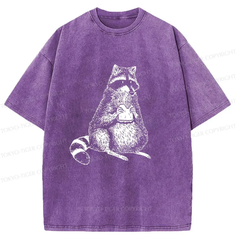 Tokyo-Tiger Raccoon Eating Bread Washed T-Shirt