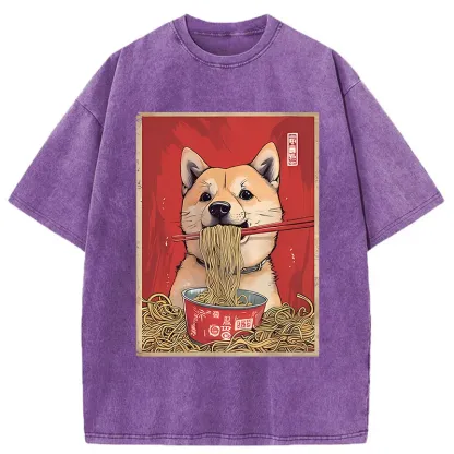 Tokyo-Tiger Shiba Lnu Eating Ramen Washed T-Shirt