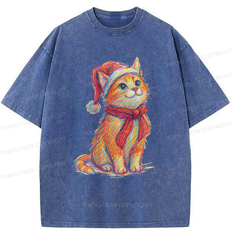 Tokyo-Tiger Lovely Christmas Cat Washed T-Shirt